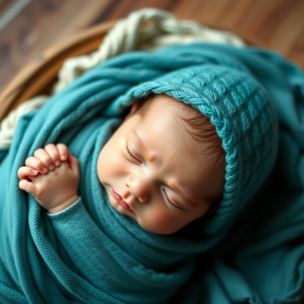 newborn baby sleeping wrapped in soft teal fabric, overhead view, soft natural lighting, aperture f/2.8, ISO 200, shutter speed 1/125s, DSLR camera, portrait style, shallow depth of field
