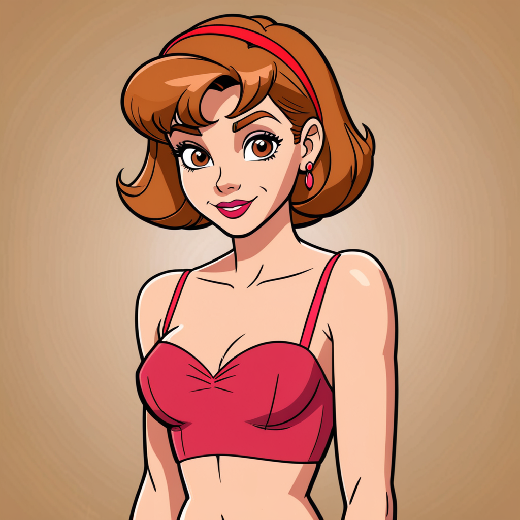 Free Ai Image Generator - High Quality and 100% Unique Images - iPic.Ai —  kid Daphne Blake from the cartoon Scooby-Doo dressed in transparent tiny  strapless red bra. Short light brown hair.