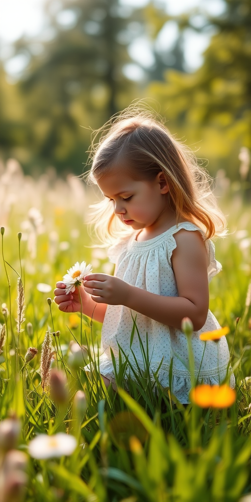 Softly focused photo of a young girl picking flowers in a sun-drenched meadow, soft light filtering through the surrounding trees, with distant wildflowers swaying gently in the breeze.