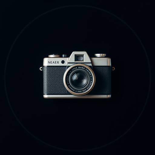 Create a high-resolution image of a vintage camera icon on a dark background with a circular border, using a DSLR camera, 50mm lens, f/2.8 aperture, ISO 100, and natural light to enhance details and colors.