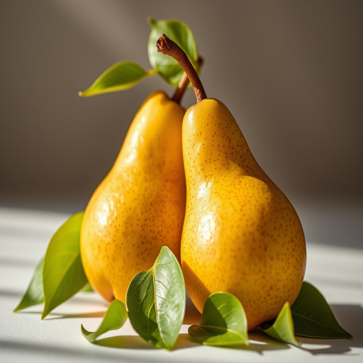 still life of two ripe pears with green leaves, soft natural lighting, focus on texture and color detail, DSLR camera, f/2.8 aperture, ISO 100, 50mm lens, shallow depth of field, studio backdrop