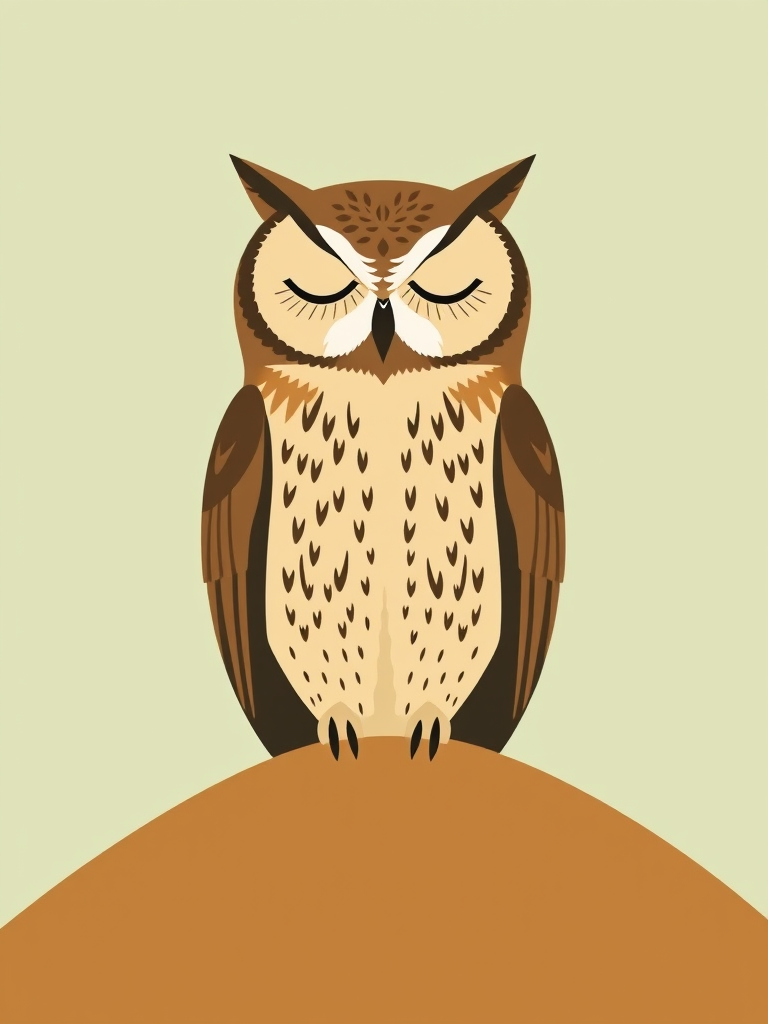 generate a minimalist illustration of an owl with closed eyes sitting on a brown hill against a soft pale green background