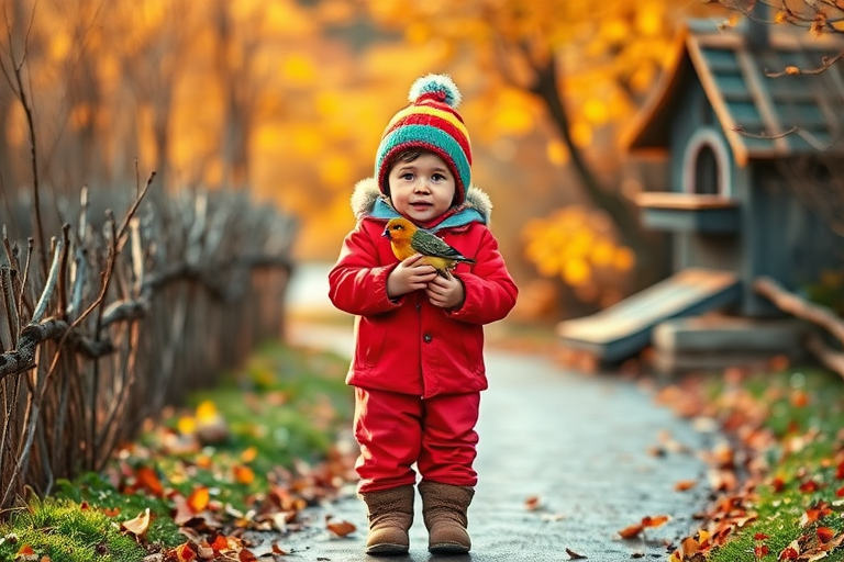 A young child in a colorful winter outfit standing on a winding path near a birdhouse, holding a bird; vibrant colors, soft focus, shot with a DSLR camera at f/2.8 aperture, ISO 100, natural light, wide-angle lens at 24mm, capturing warm tones and detailed textures.