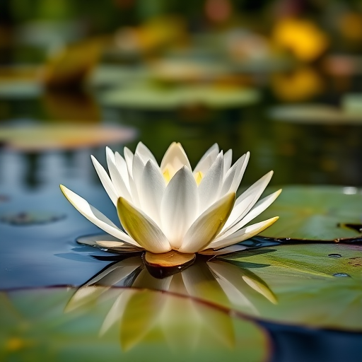 Capture a close-up of a water lily on a serene pond, using a DSLR camera with a 50mm lens, aperture set to f/2.8 for a shallow depth of field, ISO 100 for crisp clarity, and natural sunlight to enhance color vibrancy.