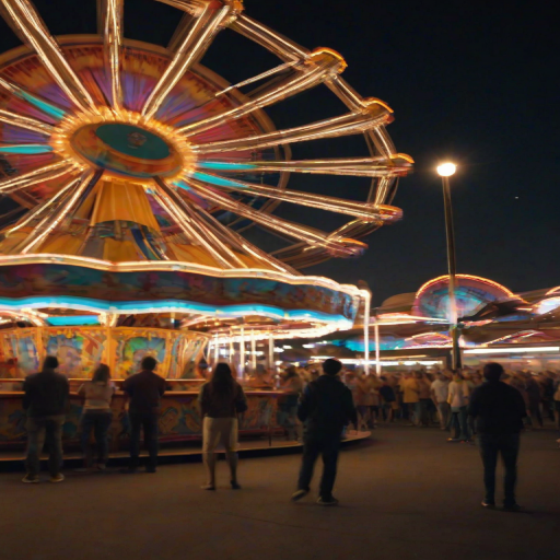 Blurry, fast-paced image of a carnival ride spinning at night, colorful lights flashing in the darkness, the distant sound of laughter and music filling the air, people in the background watching the ride, soft shadows cast by the spinning lights.