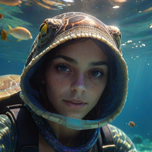 Realistic selfie image of a Zulu, wearing a vintage outfit, detailed dreamy eyes, droopy hooded eyes, staring at the camera, taken underwater at coral reef with a sunbeam filtering through the water, vibrant, summer vacation, natural lighting, turtle and school of tropical fish with vibrant colors, rendered in the style of CryEngine, Pegi Nicol MacLeod, with realistic genre scenes, hauntingly beautiful narratives, ultra-realism, and Thomas Saliot's close-up technique, 8K resolution, crystal clear and sparkling water.