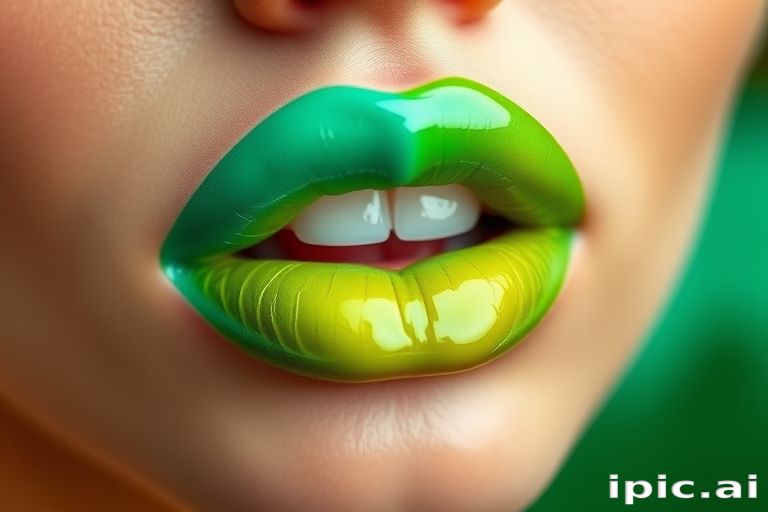 Exotic "Tropical Paradise" lip color combines vibrant turquoise and lime green in a glossy, two-toned effect, evoking lush island landscapes and adding a pop of unexpected color