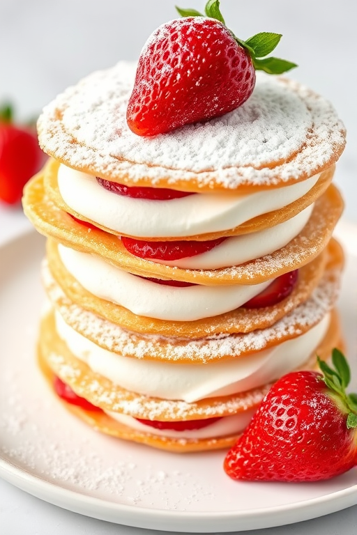 A stack of flaky pastry layers filled with whipped cream and fresh strawberries dusted with powdered sugar served on a white plate with a whole strawberry on the side