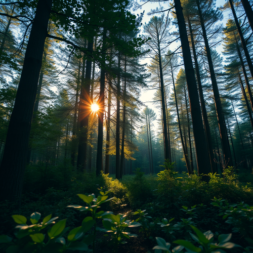 Create a highly detailed image of a serene forest landscape during golden hour with sun rays filtering through the trees, using a Canon EOS R5 camera, aperture set to f/2.8, shutter speed at 1/100 sec, ISO 200, shot from a low angle perspective with a wide-angle lens, emphasizing vibrant colors and intricate textures in the foliage.