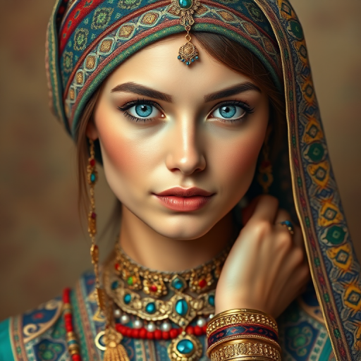 Create a portrait of a beautiful Circassian woman with striking cyan eyes and a gentle expression. She is adorned in traditional attire with intricate patterns, including a richly embroidered headscarf and matching garments. Her jewelry includes a delicate headpiece, dangling earrings, and ornate bracelets, all featuring vibrant gemstones and detailed metalwork. The background is soft and warm, enhancing the rich colors of her outfit and jewelry.