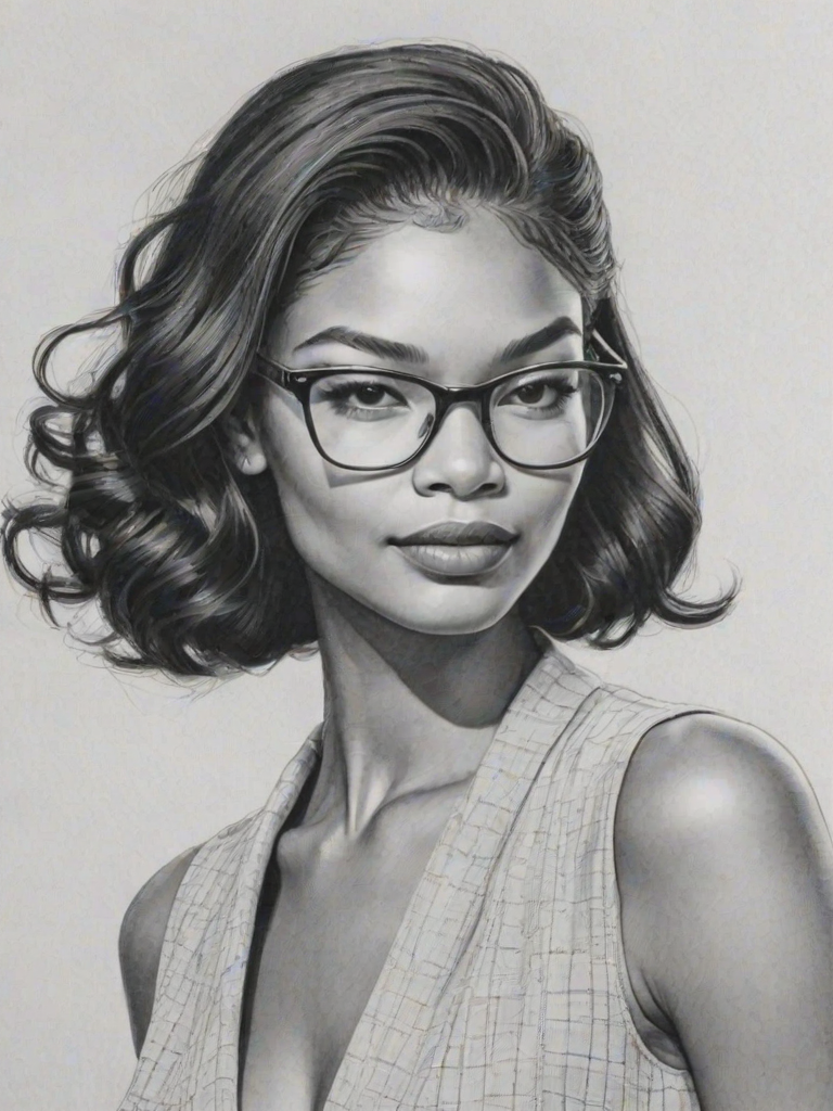 Enchanting Chanel Iman, pencil sketch, portrait of Elegant woman 1954s in glasses, hair style beatnik, outline, clear lines, fine lines, 8k