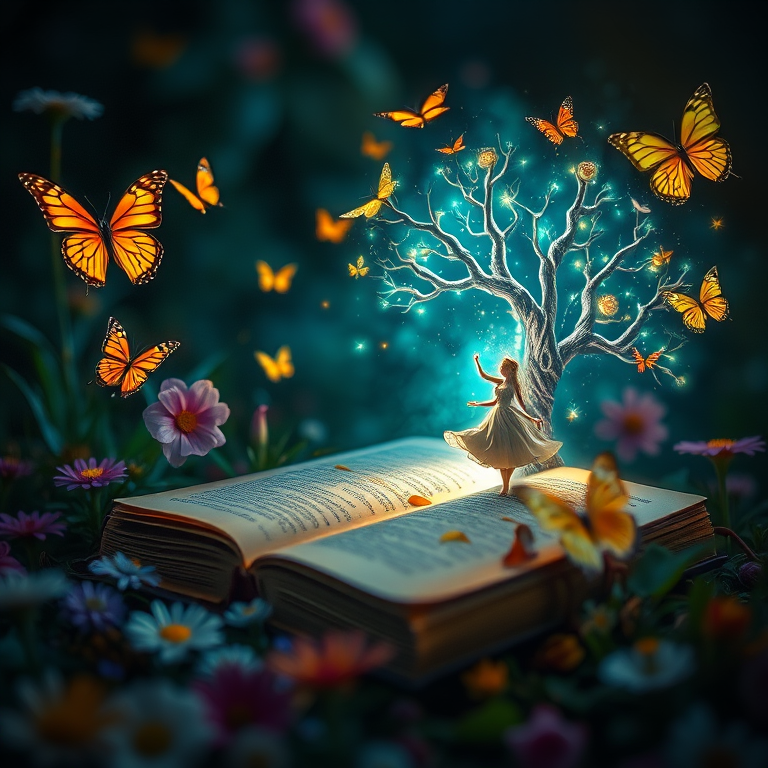 A mystical scene of an enchanted book with a dancing figure and a glowing tree, surrounded by vibrant flowers and butterflies, captured with a DSLR camera at f/2.8, ISO 100, 50mm lens, macro view, soft focus style, and low light settings for enhanced clarity and depth.