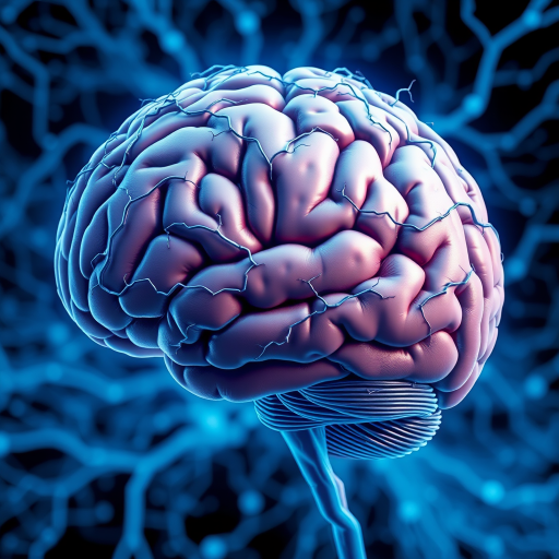 Create a highly detailed illustration of a human brain with intricate blue neural pathways, using a high-resolution digital camera, 50mm lens, f/1.8 aperture, 1/125s shutter speed, shot from a slightly elevated angle for depth and clarity.