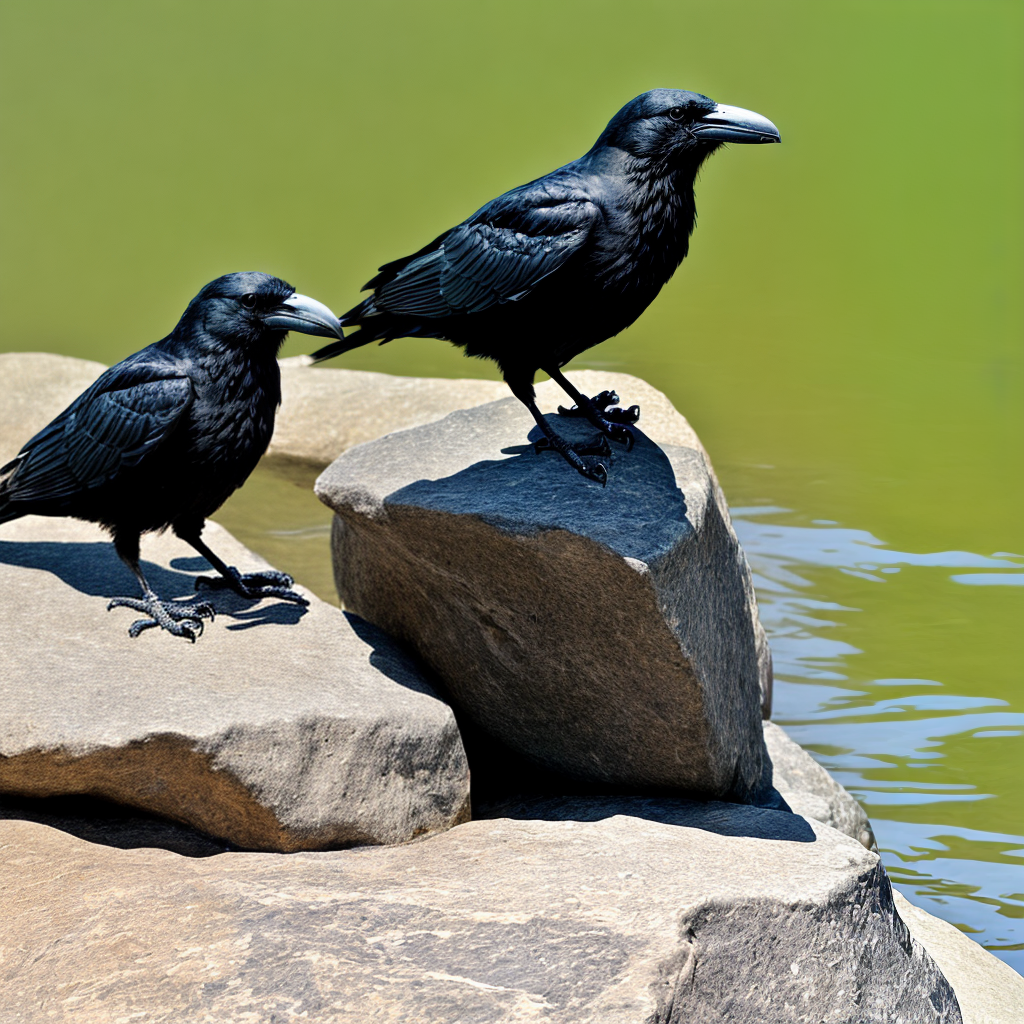 Crow sitting on the rock, crocodile in the river