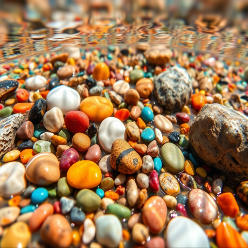 capture a vibrant underwater scene of colorful pebbles and rocks in shallow water with rippling reflections, using a macro lens at f/4, shutter speed of 1/100 sec, ISO 200, shot from a low angle to emphasize texture and color in natural daylight