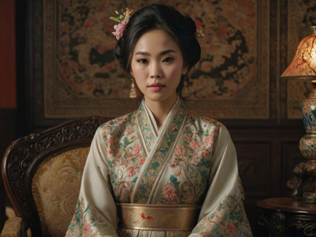 A beautiful Vietnamese woman in traditional East Asian attire, intricately detailed with embroidered patterns, sitting gracefully in a richly decorated room, soft ambient lighting, serene and elegant, ultra-realistic, 8K resolution