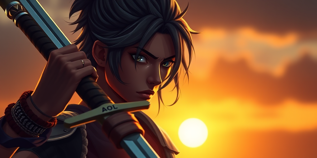 Create a dynamic anime character portrait of a dark-skinned warrior holding a sword, dramatic lighting with a golden hour background, shot with a Canon EOS R, 50mm lens, f/1.8, ISO 100, in portrait orientation.