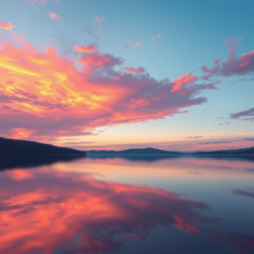 Create a high-resolution digital illustration of a serene sunset over a calm lake, capturing vibrant orange and pink hues in the sky, with a reflection on the water, shot with a DSLR camera, 50mm lens, f/1.8 aperture, ISO 100, 1/200 sec exposure, landscape orientation.