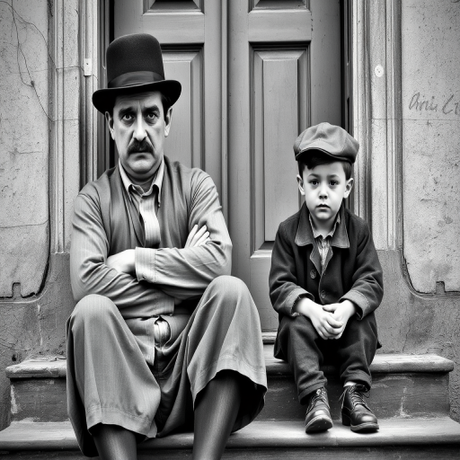 A black-and-white photograph of a man and a child sitting on steps in front of a doorway. The man is dressed as a tramp with a bowler hat, mustache, and ragged clothes, reminiscent of Charlie Chaplin's iconic look. He is sitting with his arms crossed and an expression of slight sadness or frustration. Next to him is a young boy, also in worn clothes and a cap, sitting with his hands clasped, looking thoughtful. The background is an old, textured wall and a partially open door, creating a vintage, early 20th-century atmosphere.