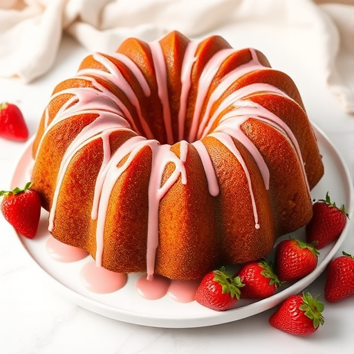 A beautifully baked bundt cake with a glossy pink icing drizzle placed on a white plate surrounded by fresh strawberries and a soft cloth in the background.
