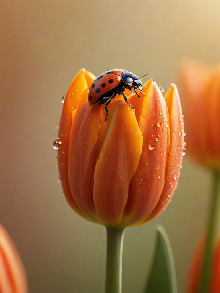 Sharp, high-resolution close-up of a ladybug perched on a vibrant orange tulip, soft sunlight filtering through the petals, with tiny dew drops clinging to the flower.