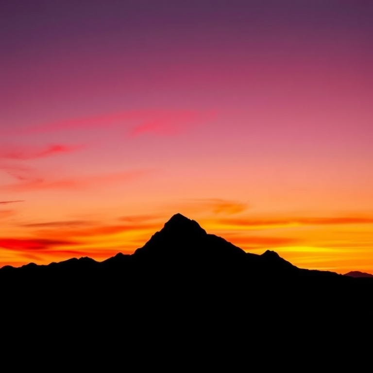 Generate a black silhouette of a mountain range against a gradient sunset background with rich colors, use a Canon EOS R5 camera, 24mm lens, aperture f/11, shutter speed 1/250 sec, ISO 100, landscape orientation.