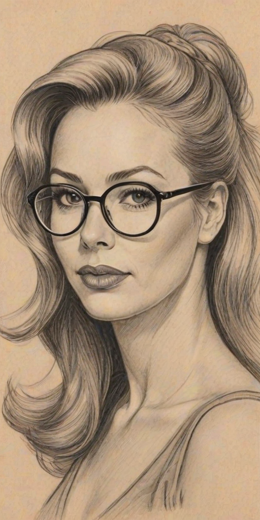 Bewitching Cindy Margolis, pencil sketch, portrait of Delightful woman 1943s in glasses, hair style beatnik, outline, clear lines, fine lines, 8k