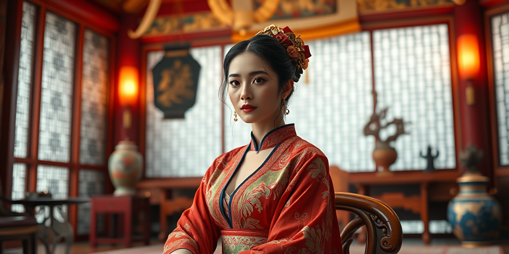 A beautiful woman in traditional East Asian attire, intricately detailed with embroidered patterns, sitting gracefully in a richly decorated room, soft ambient lighting, serene and elegant, ultra-realistic, 8K resolution