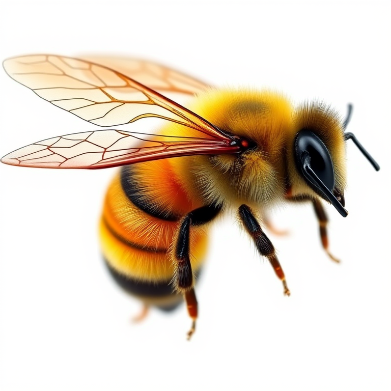 Create a detailed, high-resolution illustration of a bee with vibrant yellow and black stripes, showcasing intricate wing designs, soft gradients and shadows, using a macro lens at f/2.8 aperture, ISO 100, 1/200 sec shutter speed, in a bright, evenly lit studio setting.