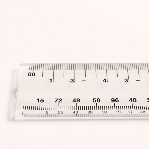 Create a high-resolution image of a transparent ruler with clear markings on a neutral background, using a DSLR camera with a 50mm lens, aperture set to f/2.8, ISO 100, and a shallow depth of field to enhance focus on the ruler while softly blurring the background.