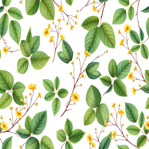 create a seamless pattern with various green leaves, yellow flowers, and delicate branches on a white background