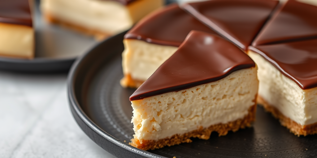 A slice of creamy cheesecake with a smooth chocolate ganache topping displayed on a textured black plate with more slices arranged around it. The cheesecake has a rich, fluffy texture and a golden crust. The background is softly blurred to emphasize the dessert.
