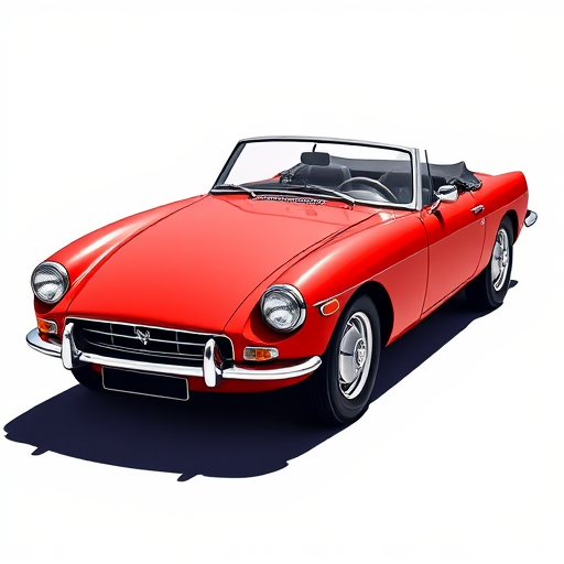 Create a high-resolution illustration of a classic red convertible car with a sleek design, captured in a dynamic angle, using a digital camera setting of f/8 aperture, 50mm lens, ISO 100, 1/125s shutter speed, in a vibrant and crisp vector art style.