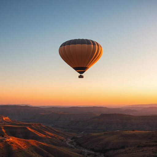 A serene landscape featuring a majestic hot air balloon soaring above rolling hills and valleys, captured with a Canon EOS R5, 50mm lens, f/2.8 aperture, ISO 100, at sunset for warm lighting and enhanced detail.