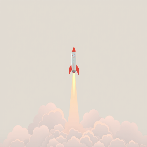 A minimalistic illustration of a rocket launching into a stylized cloud background, soft colors, high-resolution, focal length 50mm, aperture f/1.8, ISO 100, shot from a low angle to emphasize the rocket's ascent, digital art style.