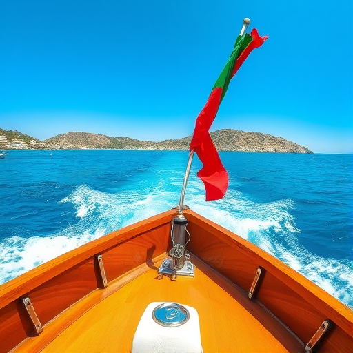 photograph a boat view on clear blue water with a green and red flag, vibrant coastline in the background, use a DSLR camera with a 24mm lens, aperture f/8, ISO 100, shutter speed 1/200s, shot from a low angle to emphasize the waves and boat's bow, vibrant natural colors with high dynamic range.