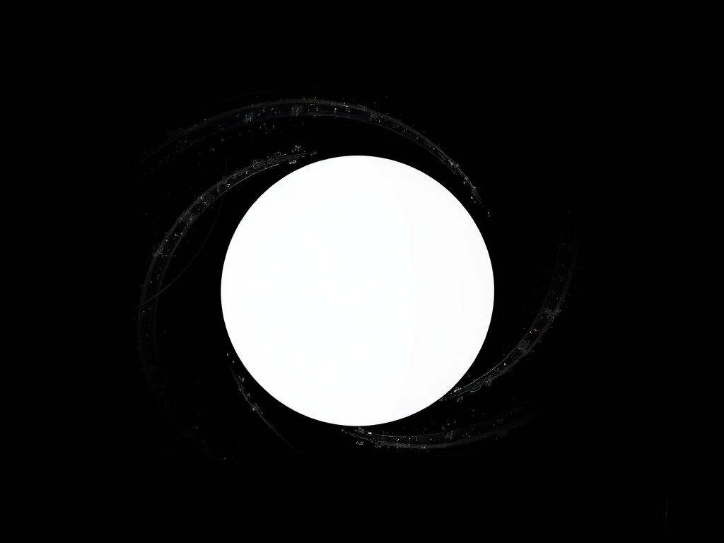 Generate a high-contrast black and white abstract image featuring a central white circle on a solid black background, shot with a DSLR camera at f/2.8 aperture, ISO 100, 1/200 shutter speed, from a straight-on view, using a macro lens to enhance detail and sharpness.