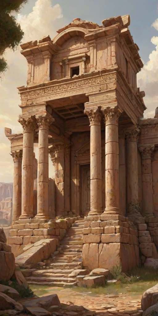 "This is a digital painting in a fantastical, surreal style. The scene depicts an ancient, crumbling temple or fortress with ornate, intricate stone structures. The architecture is a blend of ancient Greek and Middle Eastern styles, characterized by towering columns, arches, and intricate carvings. The stone walls are worn and weathered, with a mix of beige, ochre, and terracotta colors, giving a sense of age and history.