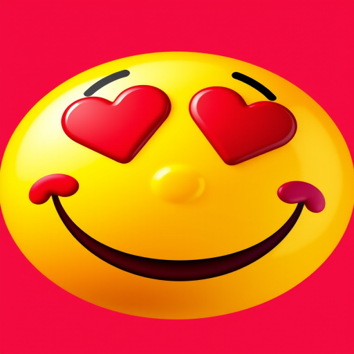 Generate a vibrant, high-resolution digital illustration of a smiling yellow emoji with heart-shaped eyes and red lips, capturing playful details, using a DSLR camera with a 50mm lens, aperture f/2.8, ISO 200, centered composition, and bright lighting to enhance color and clarity.