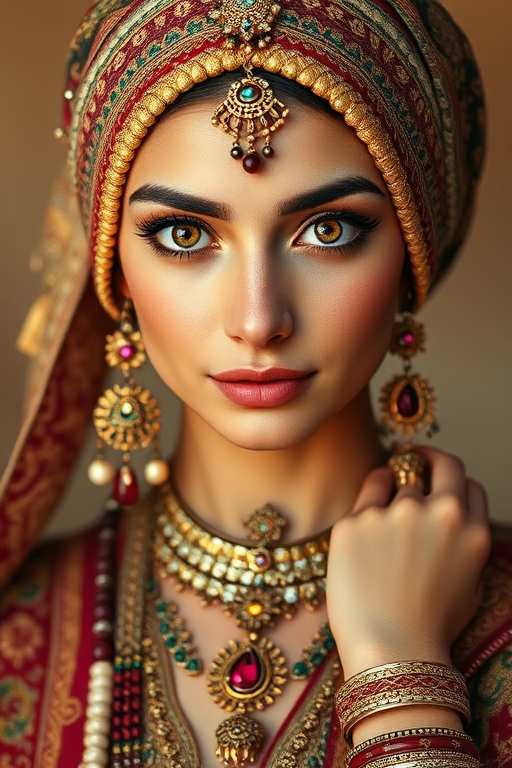 Create a portrait of a beautiful woman with striking hazel eyes and a gentle expression. She is adorned in traditional attire with intricate patterns, including a richly embroidered headscarf and matching garments. Her jewelry includes a delicate headpiece, dangling earrings, and ornate bracelets, all featuring vibrant gemstones and detailed metalwork. The background is soft and warm, enhancing the rich colors of her outfit and jewelry.