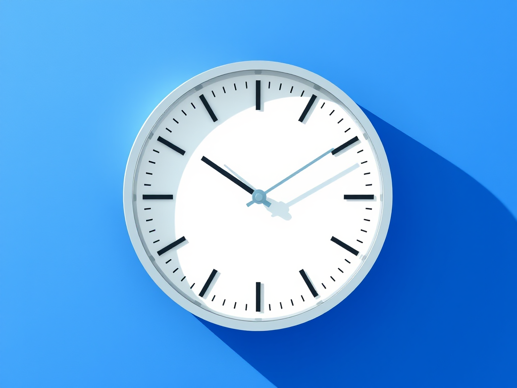 Create a vector-style illustration of a minimalist clock with a white clock face, blue background, and a sleek modern design, using a Canon EOS R camera with a 50mm lens, aperture set to f/2.8, ISO 100, and soft natural lighting to enhance color vibrancy.
