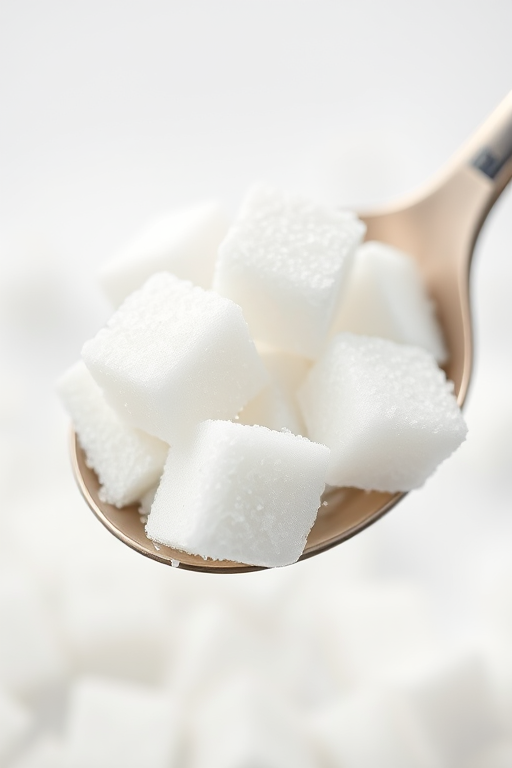 High-resolution image of a spoonful of sugar cubes with a white background, focus on the sugar texture, soft lighting, depth of field set to f/2.8, ISO 100, 50mm lens, macro photography style.