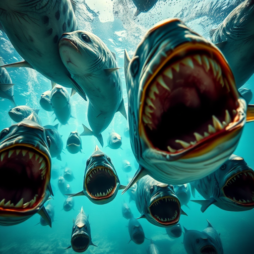 Create a high-resolution underwater scene featuring a swarm of monstrous fish with gaping mouths and sharp teeth, captured with a DSLR camera at ISO 200, f/8 aperture, 1/125 sec shutter speed, wide-angle lens, and a slight tilt for dynamic perspective.