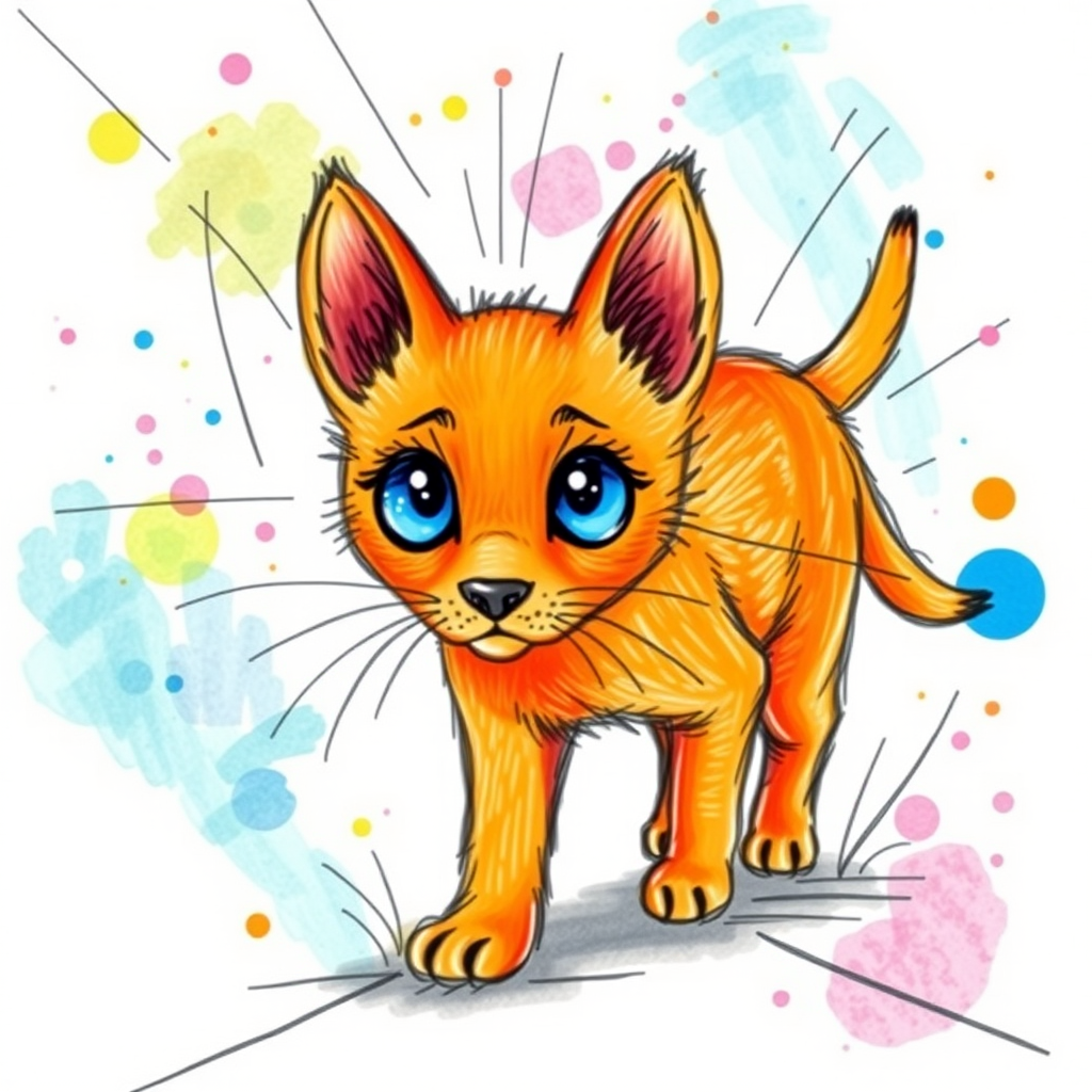 A vibrant childs coloured pencil drawn illustration of a bright orange dog with large, expressive blue eyes, a very cute style. The dog appears to be walking towards the viewer, surrounded by an abstract splash of colors and fine black lines, giving the image a dynamic and artistic flair. The background is a soft beige, highlighting the cat's vivid coloration and playful demeanor. Naively drawn scratchy line style.