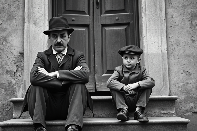 A black-and-white photograph of a man and a child sitting on steps in front of a doorway. The man is dressed as a tramp with a bowler hat, mustache, and ragged clothes, reminiscent of Charlie Chaplin's iconic look. He is sitting with his arms crossed and an expression of slight sadness or frustration. Next to him is a young boy, also in worn clothes and a cap, sitting with his hands clasped, looking thoughtful. The background is an old, textured wall and a partially open door, creating a vintage, early 20th-century atmosphere.