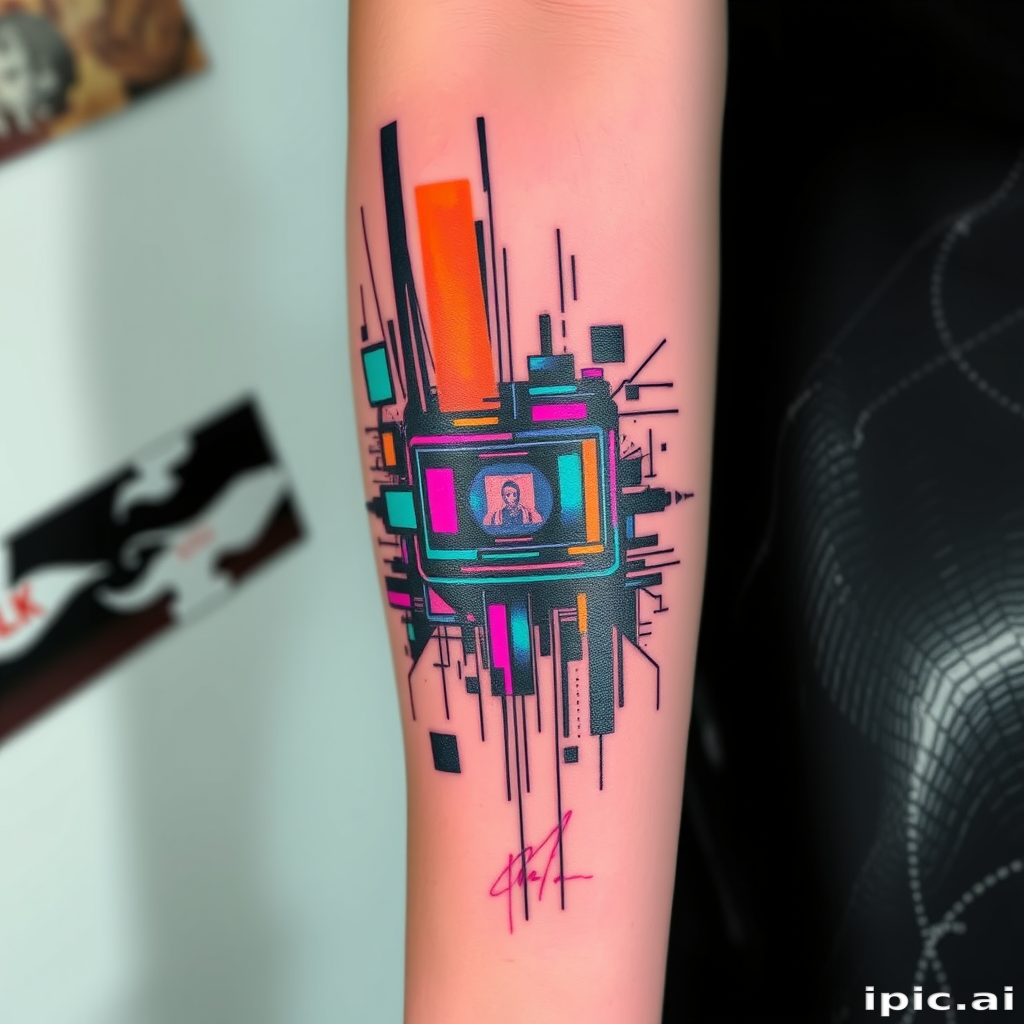 Glitch art tattoo titled "Digital Distortion" incorporating pixelated elements and fragmented imagery to create the illusion of a computer glitch on the skin, with neon colors and abstract patterns adding to the futuristic aesthetic