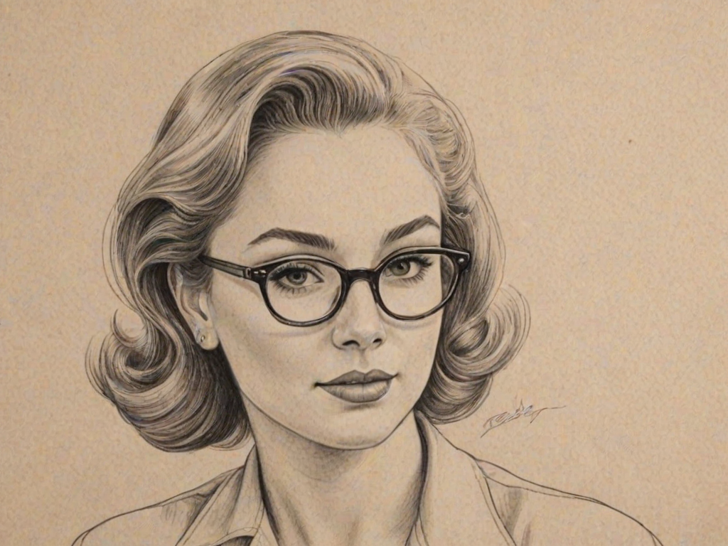 Resplendent Raelynn, pencil sketch, portrait of Captivating woman 1956s in glasses, hair style beatnik, outline, clear lines, fine lines, 8k