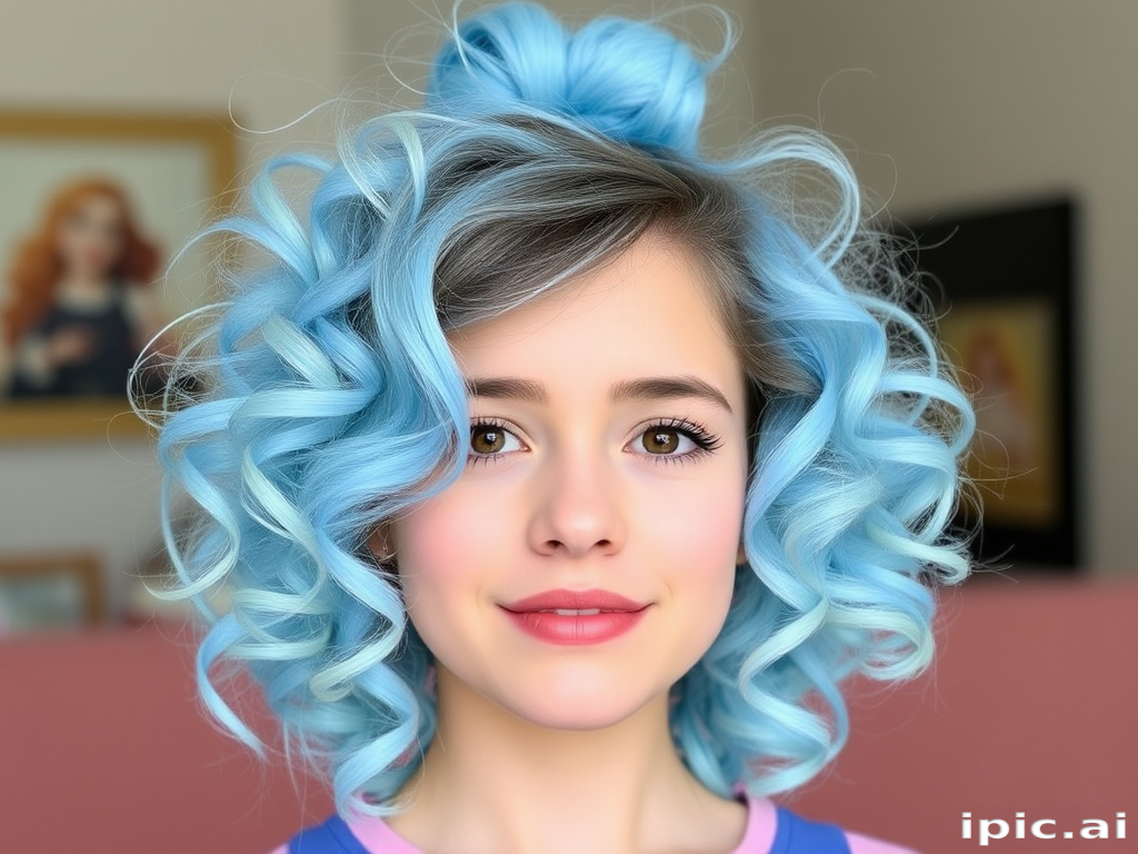 Playful hair style presenting cotton candy blue curls styled in a messy top knot with wispy tendrils framing the face