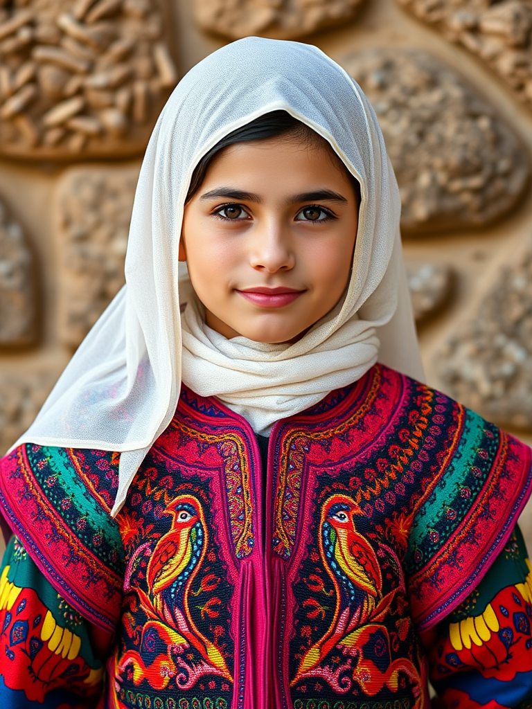 A beautiful Kurdish girl, wearing colorful bird clothing with vibrant colors