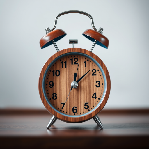 Create a high-resolution image of a classic alarm clock with a wooden finish, featuring a ringing motion, captured with a Canon EOS R5 at f/4, ISO 100, and 1/125s in a front view with a soft focus background for depth.